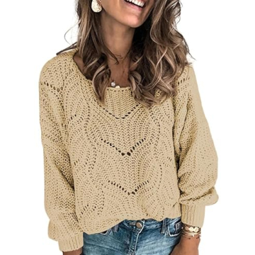 Dokotoo Womens Elegant Crewneck Fall Sweaters – Casual Hollow Out Knitted Fashion