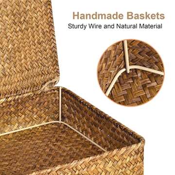 FOSSORH Set of 2 Flat Seagrass Storage Bins with Lid Wicker Storage Baskets for Organizing, Woven Sh...
