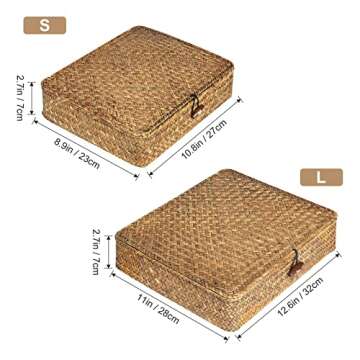 FOSSORH Set of 2 Flat Seagrass Storage Bins with Lid Wicker Storage Baskets for Organizing, Woven Shelf Organizer Bins Home Utility Organizer Box for Home & Office Supplies (Caramel)
