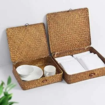 FOSSORH Set of 2 Flat Seagrass Storage Bins with Lid Wicker Storage Baskets for Organizing, Woven Shelf Organizer Bins Home Utility Organizer Box for Home & Office Supplies (Caramel)