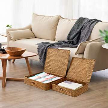 FOSSORH Set of 2 Flat Seagrass Storage Bins with Lid Wicker Storage Baskets for Organizing, Woven Shelf Organizer Bins Home Utility Organizer Box for Home & Office Supplies (Caramel)