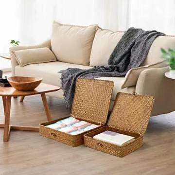 FOSSORH Set of 2 Flat Seagrass Storage Bins with Lid Wicker Storage Baskets for Organizing, Woven Shelf Organizer Bins Home Utility Organizer Box for Home & Office Supplies (Caramel)