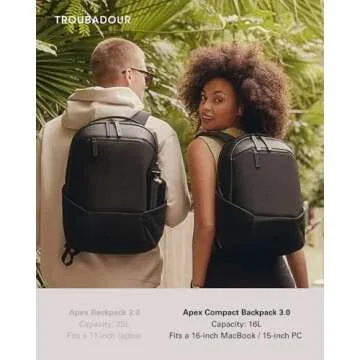 Troubadour Apex Compact Backpack 3.0 - Premium Waterproof Laptop Backpack Fits Up to 16" - Ergonomic Design for Work and Travel - Stylish Compact Backpack with 5-Year Guarantee - Black