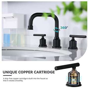 WOWOW Two Handles Widespread 8 inch Bathroom Faucet Black 3 Pieces Basin Faucets 360 Degree Swivel Spout Lavatory Sink Faucet