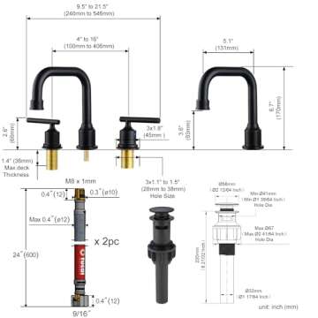 WOWOW Two Handles Widespread 8 inch Bathroom Faucet Black 3 Pieces Basin Faucets 360 Degree Swivel Spout Lavatory Sink Faucet