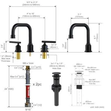 WOWOW Two Handles Widespread 8 inch Bathroom Faucet Black 3 Pieces Basin Faucets 360 Degree Swivel Spout Lavatory Sink Faucet