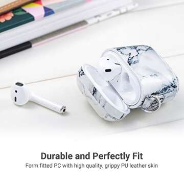 ULAK AirPods Case, Marble Protective Hard PC with PU Leather Upgrade Skin, Portable Shockproof AirPod Accessories with Keychain for Apple AirPod 2&1 Charging Case(2019)[LED Visible](WhiteMarble)