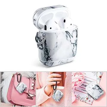 ULAK AirPods Case, Marble Protective Hard PC with PU Leather Upgrade Skin, Portable Shockproof AirPod Accessories with Keychain for Apple AirPod 2&1 Charging Case(2019)[LED Visible](WhiteMarble)