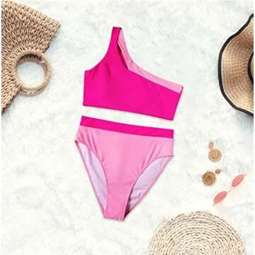 MOOSLOVER Women Cutout One Shoulder High Waisted Bikini High Cut Two Piece Swimsuits(M,Pink Rose)