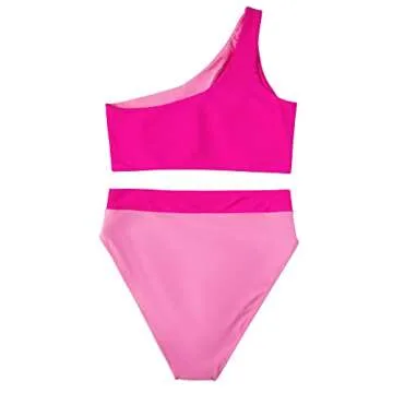 MOOSLOVER Women Cutout One Shoulder High Waisted Bikini High Cut Two Piece Swimsuits(M,Pink Rose)