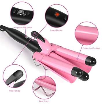 Hair Curling Iron, 1 Inch Ceramic Tourmaline Triple Barrels, Temperature Adjustable Portable 25mm Hair Waver Heats Up Quickly (Pink)