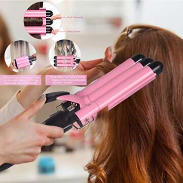 Hair Curling Iron, 1 Inch Ceramic Tourmaline Triple Barrels, Temperature Adjustable Portable 25mm Hair Waver Heats Up Quickly (Pink)