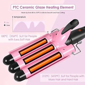 Hair Curling Iron, 1 Inch Ceramic Tourmaline Triple Barrels, Temperature Adjustable Portable 25mm Hair Waver Heats Up Quickly (Pink)