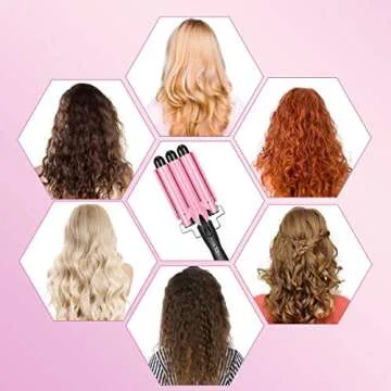 Hair Curling Iron, 1 Inch Ceramic Tourmaline Triple Barrels, Temperature Adjustable Portable 25mm Hair Waver Heats Up Quickly (Pink)