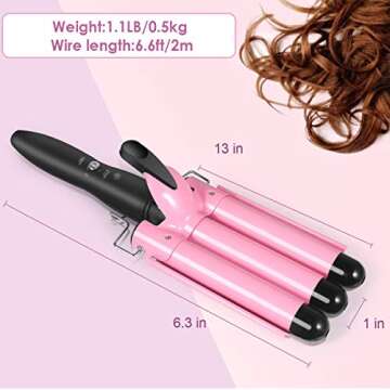 Hair Curling Iron, 1 Inch Ceramic Tourmaline Triple Barrels, Temperature Adjustable Portable 25mm Hair Waver Heats Up Quickly (Pink)