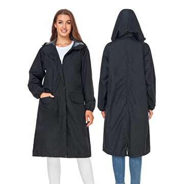 SaphiRose Womens Long Hooded Rain Jacket Waterproof Lightweight Raincoat Windbreaker Black Medium