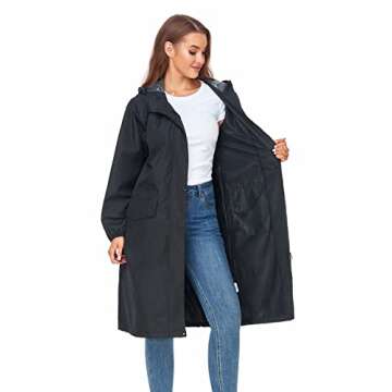 SaphiRose Womens Long Hooded Rain Jacket Waterproof Lightweight Raincoat Windbreaker Black Medium