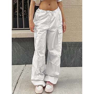 LQI Parachute Pants for Women Y2K Baggy Cargo Pants Drawstring Trousers Low Rise Loose Jogger Sweatp...