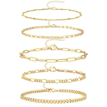 Gokeey Gold Ankle Bracelets for Women 14k Real Gold Layered Anklet Set Waterproof Paperclip Satellit...