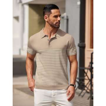 COOFANDY Men's Short Sleeve Polo Shirts Vintage Knitted Shirt Casual Button Down Golf Shirts, Khaki,...