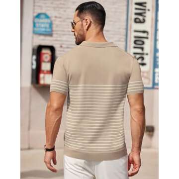 COOFANDY Men's Short Sleeve Polo Shirts Vintage Knitted Shirt Casual Button Down Golf Shirts, Khaki, Large