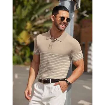 COOFANDY Men's Short Sleeve Polo Shirts Vintage Knitted Shirt Casual Button Down Golf Shirts, Khaki, Large