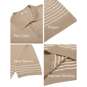 COOFANDY Men's Short Sleeve Polo Shirts Vintage Knitted Shirt Casual Button Down Golf Shirts, Khaki, Large