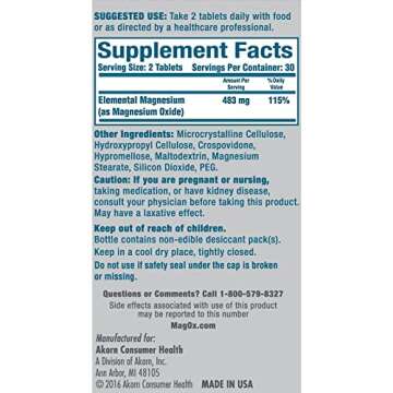 Mag-Ox 400 Magnesium Mineral Dietary Supplement Tablets, 483 mg Magnesium Oxide, 60 Count