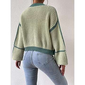 MakeMeChic Women's Contrast Trim Lantern Sleeve Open Front Cropped Cardigan Sweater Green S