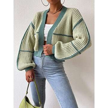 MakeMeChic Women's Contrast Trim Lantern Sleeve Open Front Cropped Cardigan Sweater Green S