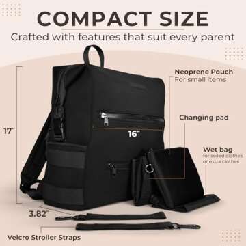 BUNSO Baby Neoprene Diaper Bag, Minimalist Backpack Diaper Bag with Pouch, Changing Pad, and Strolle...