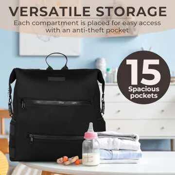 BUNSO Baby Neoprene Diaper Bag, Minimalist Backpack Diaper Bag with Pouch, Changing Pad, and Stroller Straps, Water Resistant and Lightweight Dad Diaper Bag, Diaper Bag Backpack, Black