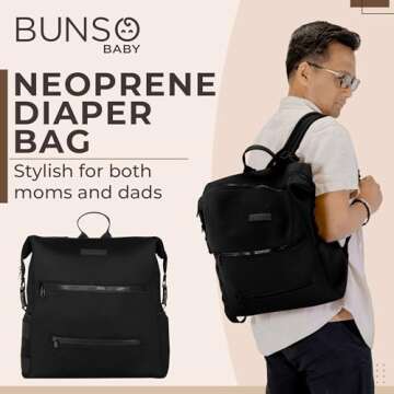BUNSO Baby Neoprene Diaper Bag, Minimalist Backpack Diaper Bag with Pouch, Changing Pad, and Stroller Straps, Water Resistant and Lightweight Dad Diaper Bag, Diaper Bag Backpack, Black