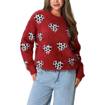 Heart Sweater for Women Valentine's Day Cute Print Crewneck Long Sleeve Oversized Love Sweaters Knit...