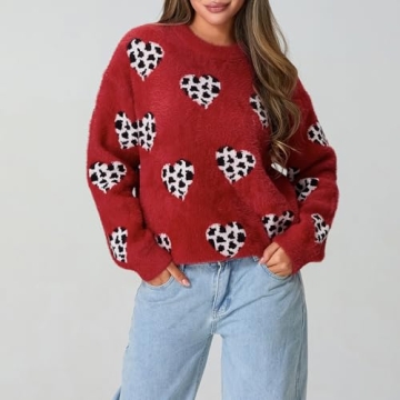 Heart Sweater for Women Valentine's Day Cute Print Crewneck Long Sleeve Oversized Love Sweaters Knit Pullover Tops (Cute Leopard,M)