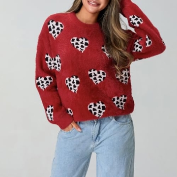 Heart Sweater for Women Valentine's Day Cute Print Crewneck Long Sleeve Oversized Love Sweaters Knit Pullover Tops (Cute Leopard,M)