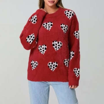 Heart Sweater for Women Valentine's Day Cute Print Crewneck Long Sleeve Oversized Love Sweaters Knit Pullover Tops (Cute Leopard,M)