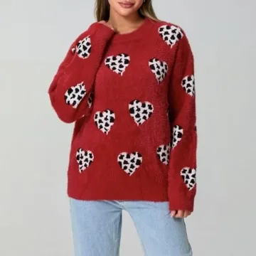 Heart Sweater for Women Valentine's Day Cute Print Crewneck Long Sleeve Oversized Love Sweaters Knit Pullover Tops (Cute Leopard,M)