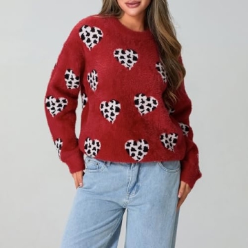 Heart Sweater for Women Valentine's Day Cute Print Crewneck Long Sleeve Oversized Love Sweaters Knit Pullover Tops (Cute Leopard,M)