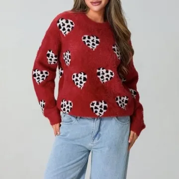 Heart Sweater for Women Valentine's Day Cute Print Crewneck Long Sleeve Oversized Love Sweaters Knit Pullover Tops (Cute Leopard,M)