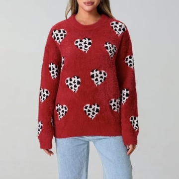 Heart Sweater for Women Valentine's Day Cute Print Crewneck Long Sleeve Oversized Love Sweaters Knit Pullover Tops (Cute Leopard,M)