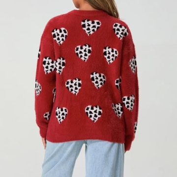 Heart Sweater for Women Valentine's Day Cute Print Crewneck Long Sleeve Oversized Love Sweaters Knit Pullover Tops (Cute Leopard,M)