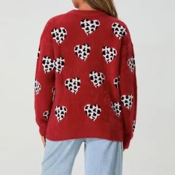 Heart Sweater for Women Valentine's Day Cute Print Crewneck Long Sleeve Oversized Love Sweaters Knit Pullover Tops (Cute Leopard,M)