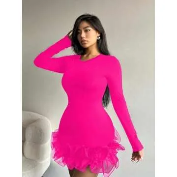 DIWANSA 2024 Women's Midi Dress Round Neck Long Sleeve Layer Lace Hem Dress (Color : HOT Pink, Size : Large)