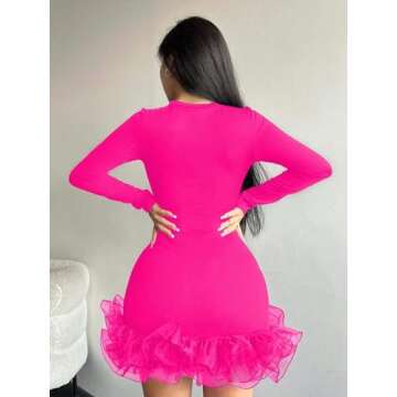 DIWANSA 2024 Women's Midi Dress Round Neck Long Sleeve Layer Lace Hem Dress (Color : HOT Pink, Size : Large)