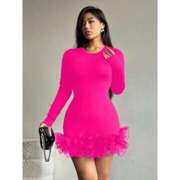 DIWANSA 2024 Women's Midi Dress Round Neck Long Sleeve Layer Lace Hem Dress (Color : HOT Pink, Size : Large)