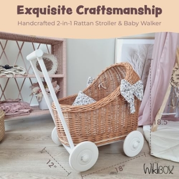 Wiklibox Natural Rattan Doll Stroller for 17'' Dolls