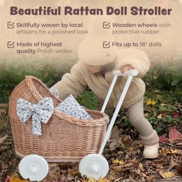 Wiklibox Natural Rattan Doll Stroller for 17'' Dolls