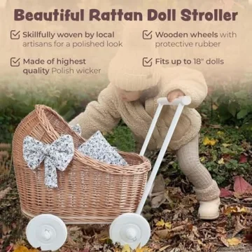 Wiklibox Natural Rattan Doll Stroller for 17'' Dolls