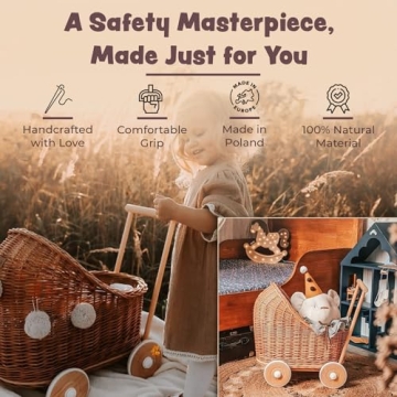 Wiklibox Natural Rattan Doll Stroller for 17'' Dolls